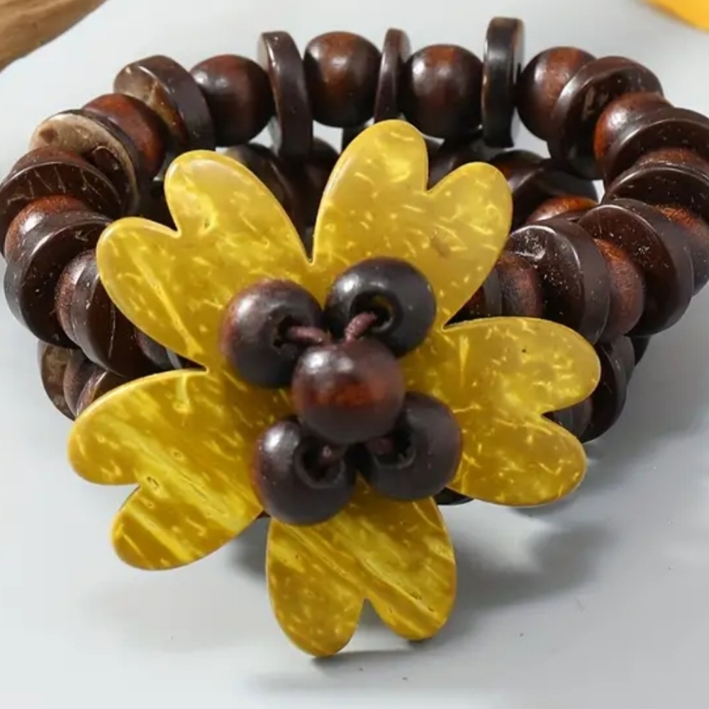 BOHO HIPPIE  Yellow WOOD BEAD FLOWER Bracelet